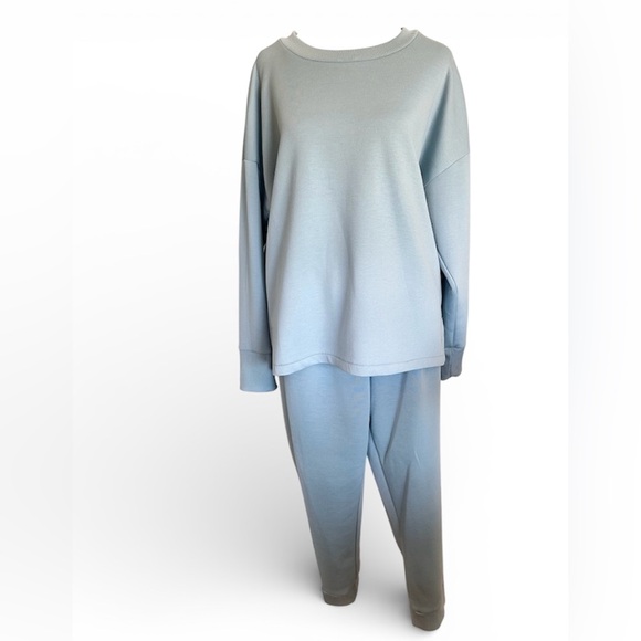 Apana Large 2 pc Scuba coordinating yoga athletic set sweatpants shirt top blue - Picture 2 of 7